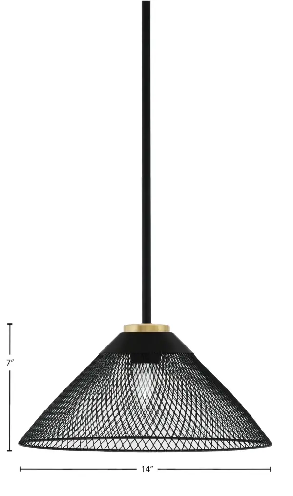 The Sandia pendant combines industrial mesh styling with modern dual-tone finishes. Its compact 14" diameter and adjustable stem make it perfect for kitchen islands, dining nooks, or office spaces. The mesh shade creates ambient lighting effects. - alternate view