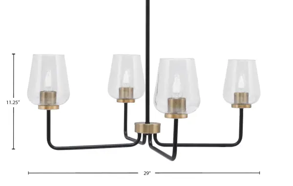 The Sandia chandelier combines sleek matte black with warm brass accents and unique textured bubble glass shades. Its 29-inch width makes it perfect for medium-sized dining areas and kitchen islands, while the adjustable height accommodates various ceiling configurations. - alternate view