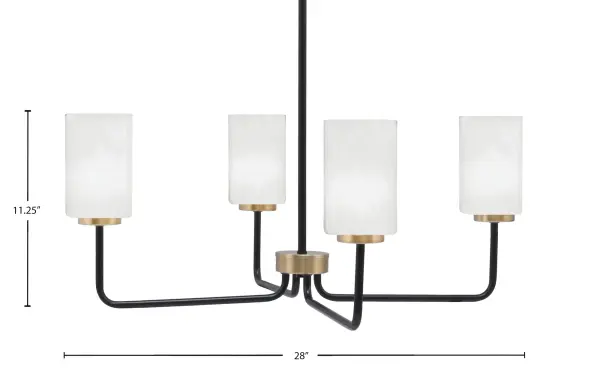 The Sandia 4 Light Chandelier combines contemporary design with classic elegance through its striking matte black and brass finish. White marble glass shades provide soft ambient lighting while the adjustable hanging height offers versatility. - alternate view