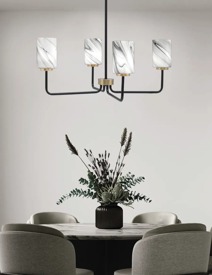 Striking Two-Tone Chandelier with Dramatic Onyx Swirl Glass Shades - Image 3