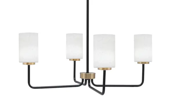 The Sandia chandelier combines bold matte black with warm brass accents for contemporary sophistication. White muslin glass shades create soft, even illumination perfect for dining and living spaces.