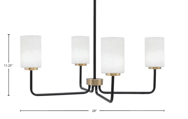 The Sandia chandelier combines bold matte black with warm brass accents for contemporary sophistication. White muslin glass shades create soft, even illumination perfect for dining and living spaces. - alternate view