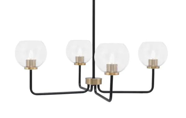 The Sandia 4-Light Chandelier blends industrial style with artisanal charm through its matte black and brass finish combination. Clear bubble glass shades create unique light diffusion and visual interest, perfect for contemporary spaces.