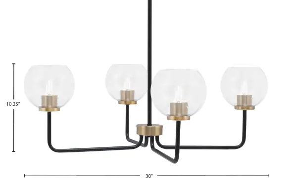 The Sandia 4-Light Chandelier blends industrial style with artisanal charm through its matte black and brass finish combination. Clear bubble glass shades create unique light diffusion and visual interest, perfect for contemporary spaces. - alternate view
