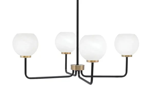 The Sandia 4-Light Chandelier combines bold matte black with warm brass accents for a refined transitional aesthetic. White marble glass shades provide soft, diffused lighting with subtle texture, perfect for dining spaces.