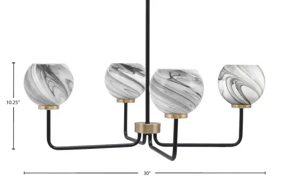 The Sandia 4-Light Chandelier combines sophisticated design with practical functionality. Its matte black and new age brass finish creates a contemporary yet timeless aesthetic, while the onyx swirl glass shades provide beautiful light diffusion. - alternate view
