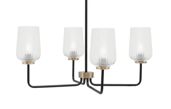 The Sandia 4-Light Chandelier combines sophisticated modern design with industrial charm. Its matte black and brass finish creates visual interest, while clear textured glass shades provide beautiful light diffusion.