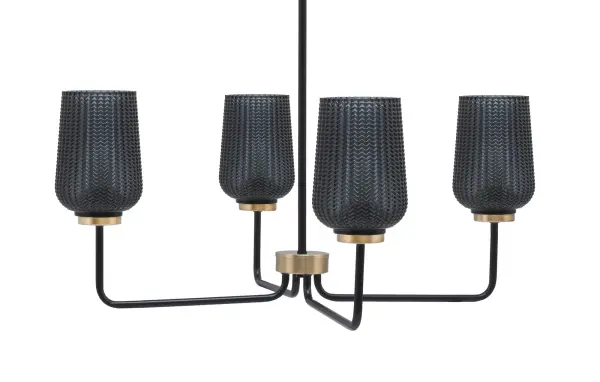 The Sandia 4-Light Chandelier combines matte black and new age brass finishes for a contemporary look with industrial flair. Smoke textured glass shades create ambient lighting perfect for dining areas and kitchen islands.