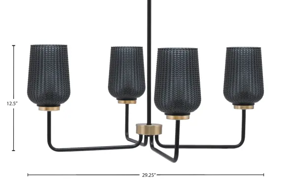 The Sandia 4-Light Chandelier combines matte black and new age brass finishes for a contemporary look with industrial flair. Smoke textured glass shades create ambient lighting perfect for dining areas and kitchen islands. - alternate view