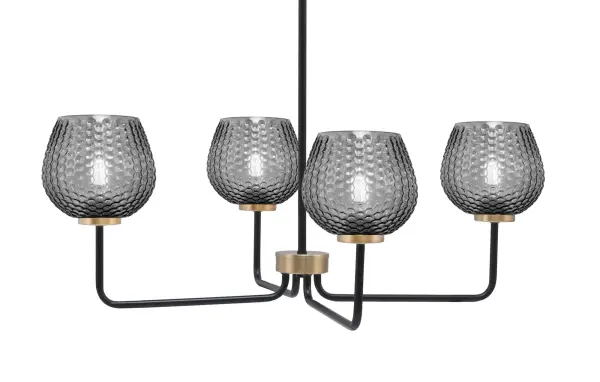 The Sandia 4-Light Chandelier combines matte black and brass finishes with smoke textured glass for a sophisticated look. Its 30.25-inch width and adjustable height make it perfect for dining rooms and kitchen islands.