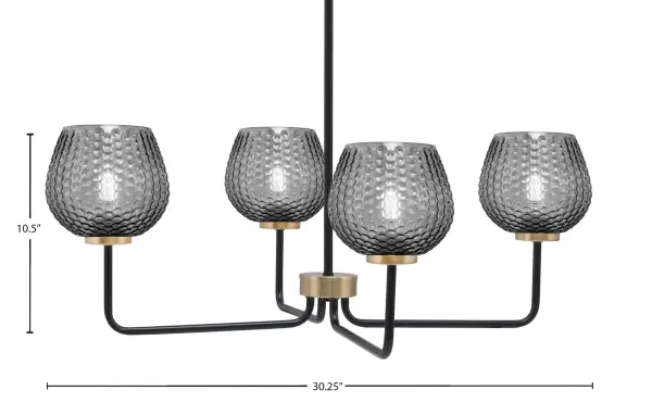 The Sandia 4-Light Chandelier combines matte black and brass finishes with smoke textured glass for a sophisticated look. Its 30.25-inch width and adjustable height make it perfect for dining rooms and kitchen islands. - alternate view