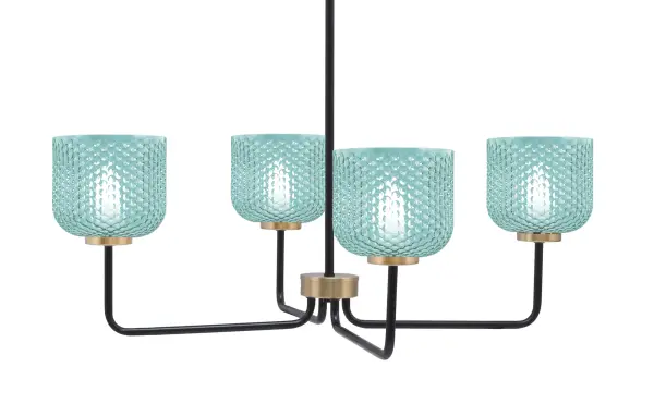 The Sandia 4-Light Chandelier makes a striking statement with its mixed metal finish and vibrant turquoise textured glass shades. The 30-inch width provides excellent coverage for dining tables and kitchen islands.