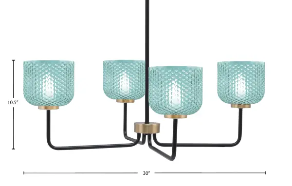 The Sandia 4-Light Chandelier makes a striking statement with its mixed metal finish and vibrant turquoise textured glass shades. The 30-inch width provides excellent coverage for dining tables and kitchen islands. - alternate view