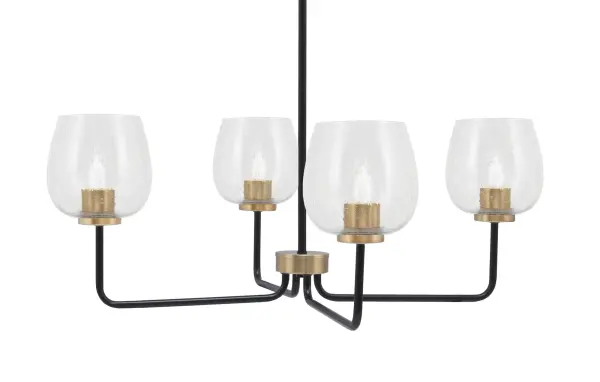 The Sandia 4-Light Chandelier combines sophisticated matte black and brass finishes with distinctive clear bubble glass shades. Its 30-inch width makes it perfect for medium-sized dining areas and kitchen islands.