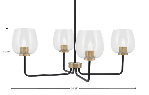 The Sandia 4-Light Chandelier combines sophisticated matte black and brass finishes with distinctive clear bubble glass shades. Its 30-inch width makes it perfect for medium-sized dining areas and kitchen islands. - alternate view