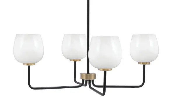 The Sandia 4-Light Chandelier combines contemporary design with timeless elegance through its striking Matte Black and New Age Brass finish. White Marble Glass shades provide soft, diffused lighting perfect for dining spaces.