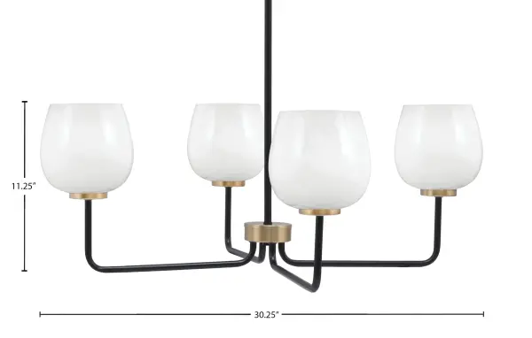 The Sandia 4-Light Chandelier combines contemporary design with timeless elegance through its striking Matte Black and New Age Brass finish. White Marble Glass shades provide soft, diffused lighting perfect for dining spaces. - alternate view