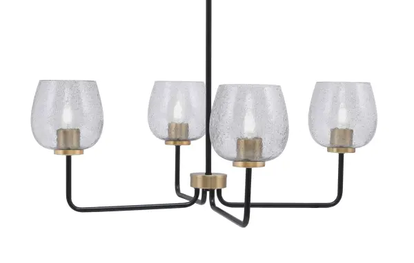 The Sandia 4-Light Chandelier combines contemporary design with industrial flair, featuring a sophisticated matte black and brass finish. Smoke bubble glass shades create ambient lighting perfect for dining areas and kitchen islands.