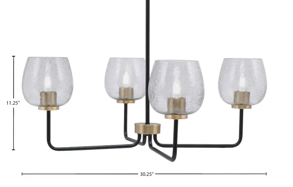 The Sandia 4-Light Chandelier combines contemporary design with industrial flair, featuring a sophisticated matte black and brass finish. Smoke bubble glass shades create ambient lighting perfect for dining areas and kitchen islands. - alternate view