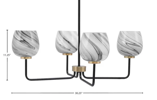 The Sandia 4-Light Chandelier combines modern sophistication with artistic flair through its striking Matte Black and New Age Brass finish. The mesmerizing Onyx Swirl Glass shades add depth and visual interest, making it perfect for contemporary and transitional spaces. - alternate view