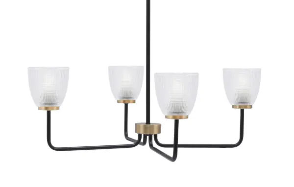 The Sandia 4-Light Chandelier combines matte black and new age brass finishes for a sophisticated industrial-contemporary look. Clear ribbed glass shades add texture while the 29-inch width makes it perfect for medium-sized spaces.