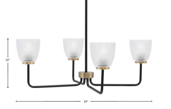 The Sandia 4-Light Chandelier combines matte black and new age brass finishes for a sophisticated industrial-contemporary look. Clear ribbed glass shades add texture while the 29-inch width makes it perfect for medium-sized spaces. - alternate view