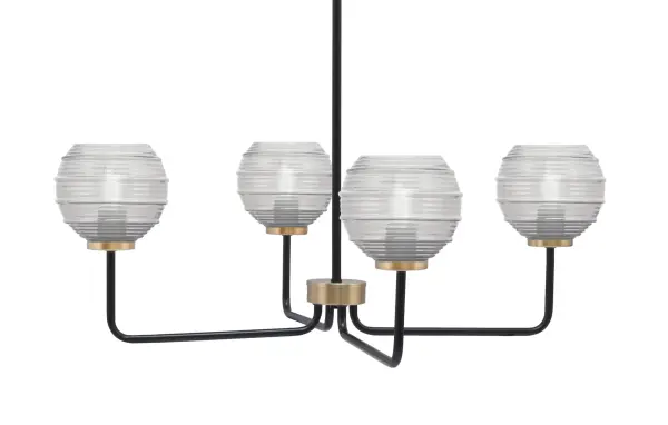 The Sandia 4-Light Chandelier combines matte black and brass finishes for a refined transitional look. Clear ribbed glass shades add texture while providing warm, inviting illumination. Adjustable height and sloped ceiling compatibility make it versatile.