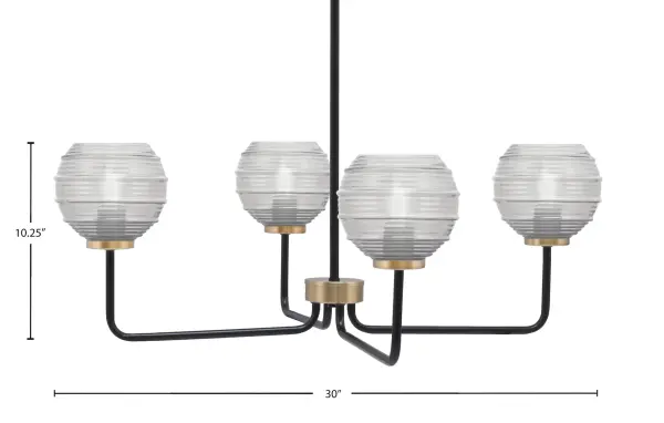 The Sandia 4-Light Chandelier combines matte black and brass finishes for a refined transitional look. Clear ribbed glass shades add texture while providing warm, inviting illumination. Adjustable height and sloped ceiling compatibility make it versatile. - alternate view