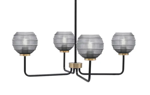 The Sandia 4-Light Chandelier combines matte black and brass finishes with smoke ribbed glass shades for a contemporary look that works in both residential and commercial settings. Its 30-inch width and adjustable height make it versatile.