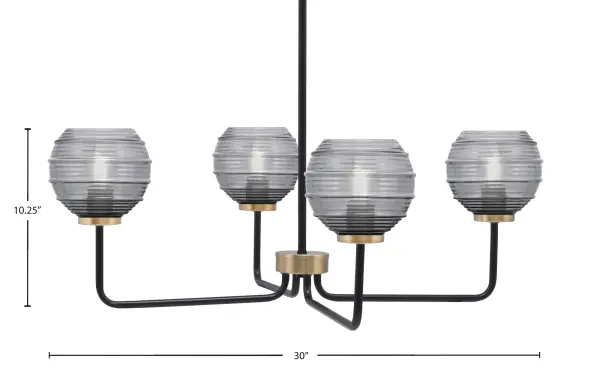 The Sandia 4-Light Chandelier combines matte black and brass finishes with smoke ribbed glass shades for a contemporary look that works in both residential and commercial settings. Its 30-inch width and adjustable height make it versatile. - alternate view