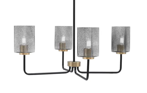 The Sandia 4 Light Chandelier combines bold matte black with luxurious brass accents and textured smoke bubble glass for a striking contemporary statement. Adjustable height and sloped ceiling compatibility make it versatile for various spaces.