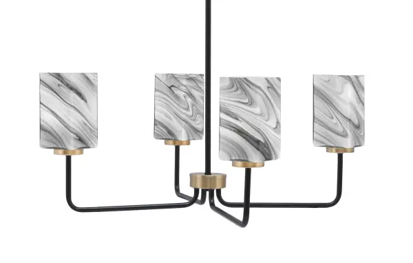 The Sandia chandelier combines matte black and warm brass finishes with distinctive square onyx swirl glass shades, creating a sophisticated focal point that bridges modern and industrial aesthetics.