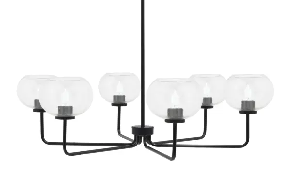 The Sandia 6-Light Chandelier combines sleek matte black metalwork with distinctive clear bubble glass shades for a contemporary statement piece. Its 36.75-inch linear design and adjustable hanging height make it versatile for various ceiling heights and room sizes.