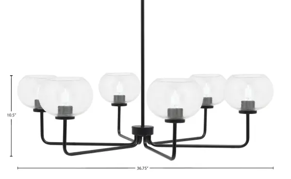 The Sandia 6-Light Chandelier combines sleek matte black metalwork with distinctive clear bubble glass shades for a contemporary statement piece. Its 36.75-inch linear design and adjustable hanging height make it versatile for various ceiling heights and room sizes. - alternate view