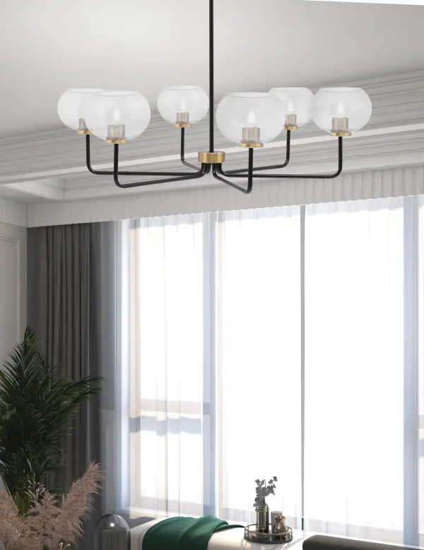 Sandia 6 Light Chandelier - Matte Black & New Age Brass with Clear Bubble Glass - Image 3