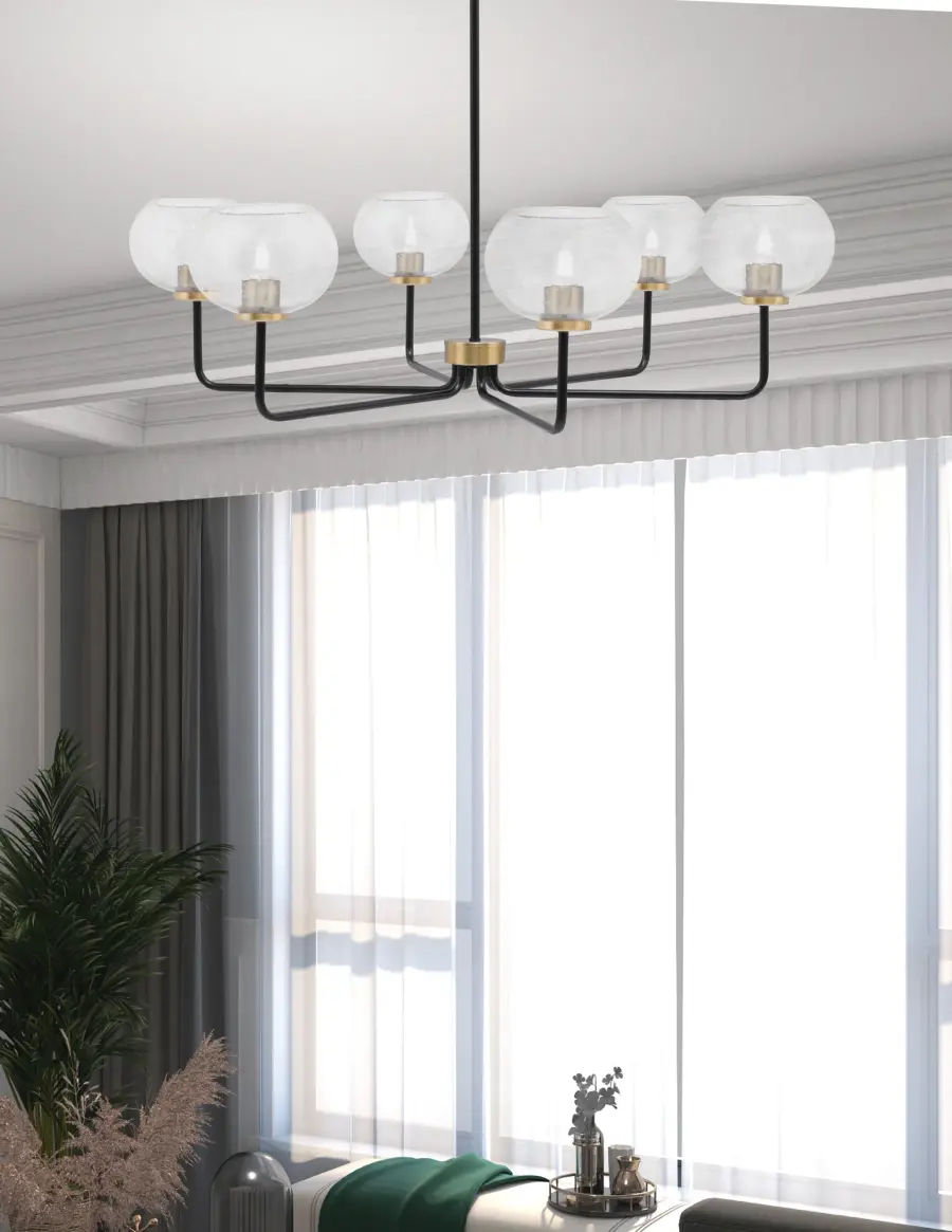 Sandia 6 Light Chandelier - Matte Black & New Age Brass with Clear Bubble Glass - Image 3