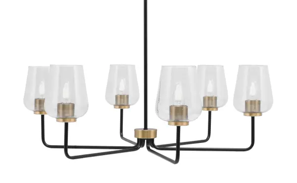 The Sandia 6-Light Chandelier combines matte black and brass finishes with distinctive bubble glass shades for a striking statement piece. Its 35-inch span and adjustable height make it versatile for various spaces.
