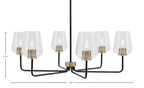 The Sandia 6-Light Chandelier combines matte black and brass finishes with distinctive bubble glass shades for a striking statement piece. Its 35-inch span and adjustable height make it versatile for various spaces. - alternate view