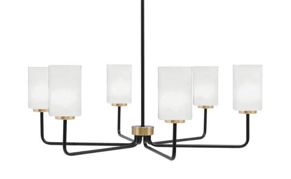The Sandia 6-Light Chandelier combines matte black and new age brass finishes for a sophisticated transitional look. Six white marble glass shades provide soft, elegant illumination perfect for dining rooms and entryways.