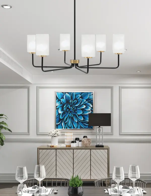 Sandia 6 Light Chandelier in Matte Black & New Age Brass with White Marble Glass - Image 3