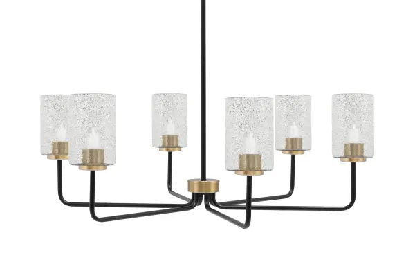 The Sandia 6-Light Chandelier combines matte black and new age brass finishes for a striking contemporary look. Six smoke bubble glass shades add texture and visual interest while the adjustable hanging height accommodates various ceiling configurations.