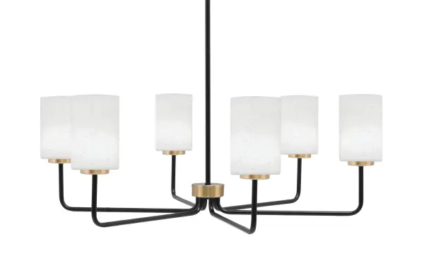 The Sandia 6-Light Chandelier combines matte black and new age brass finishes for a refined transitional aesthetic. White muslin glass shades provide soft, inviting illumination perfect for dining and entertaining spaces.