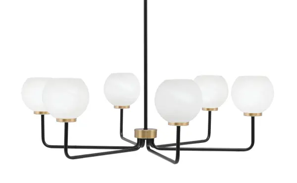 The Sandia 6-Light Chandelier combines matte black and new age brass finishes for a striking industrial-modern aesthetic. Six white marble glass shades provide soft, diffused lighting perfect for dining spaces and large rooms.