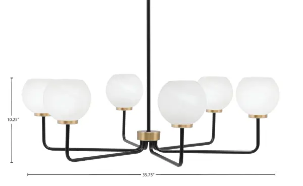 The Sandia 6-Light Chandelier combines matte black and new age brass finishes for a striking industrial-modern aesthetic. Six white marble glass shades provide soft, diffused lighting perfect for dining spaces and large rooms. - alternate view