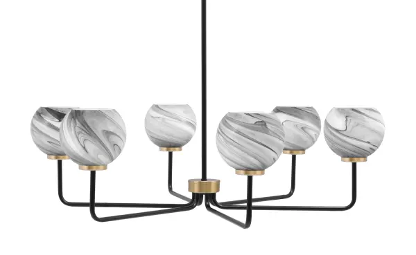The Sandia chandelier combines contemporary style with artisanal craftsmanship. Its matte black and new age brass finish creates striking visual contrast, while the hand-crafted onyx swirl glass shades add organic texture and warmth.