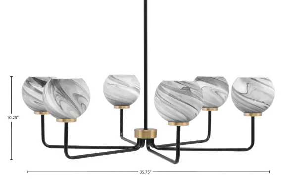 The Sandia chandelier combines contemporary style with artisanal craftsmanship. Its matte black and new age brass finish creates striking visual contrast, while the hand-crafted onyx swirl glass shades add organic texture and warmth. - alternate view