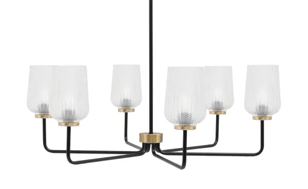 The Sandia 6-Light Chandelier combines contemporary design with industrial flair through its striking matte black and new age brass finish. The 5-inch clear textured glass shades create dimensional lighting effects while the 34.75-inch width makes it perfect for larger dining spaces and kitchen islands.