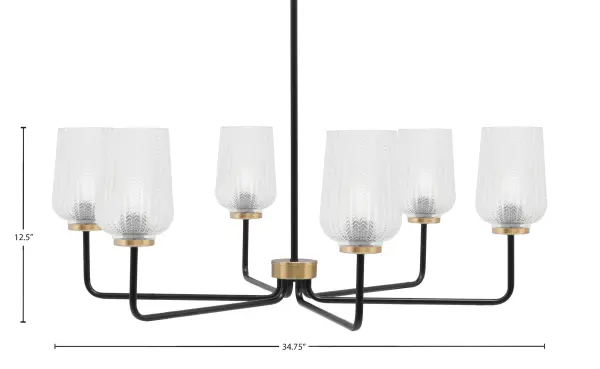 The Sandia 6-Light Chandelier combines contemporary design with industrial flair through its striking matte black and new age brass finish. The 5-inch clear textured glass shades create dimensional lighting effects while the 34.75-inch width makes it perfect for larger dining spaces and kitchen islands. - alternate view