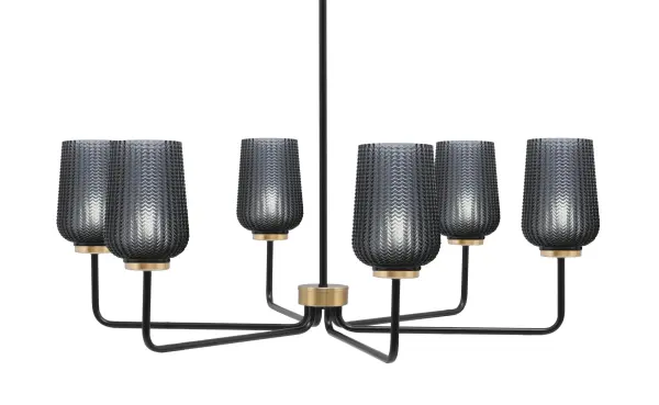 The Sandia 6-Light Chandelier makes a striking statement with its sophisticated matte black and new age brass finish. The 5-inch smoke textured glass shades create depth and drama while casting soft, inviting light across large spaces.