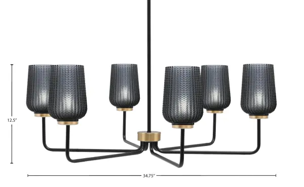 The Sandia 6-Light Chandelier makes a striking statement with its sophisticated matte black and new age brass finish. The 5-inch smoke textured glass shades create depth and drama while casting soft, inviting light across large spaces. - alternate view